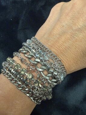 Silver-Tone Layered Crystal Chain Bracelet Stack